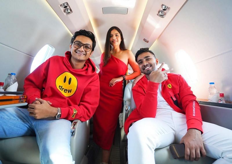 (Left to right) Pranav, Mansi, and Ujjwal inside the private jet