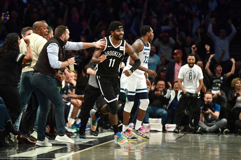 Kyrie Irving #11 of the Brooklyn Nets reacts against the Minnesota Timberwolves
