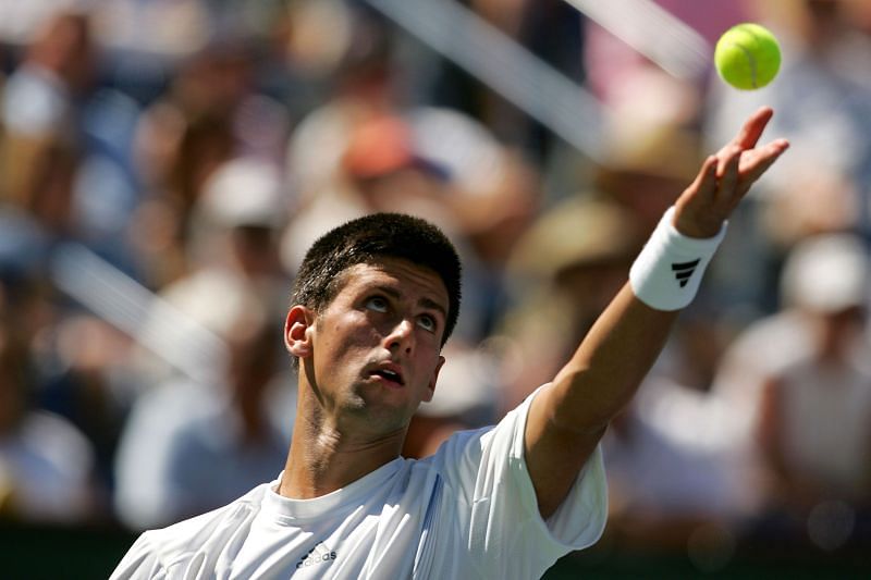 Novak Djokovic serving against Rafael Nadal in the finals of the 2007 Indian Wells Masters