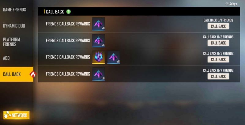 List of rewards present in the Callback event (Image via Free Fire)