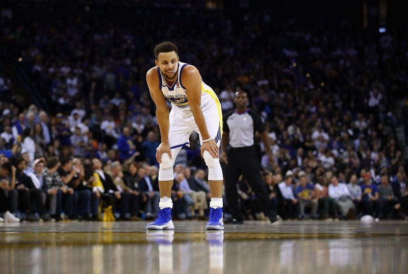 Steph Curry catches his breath as the Golden State Warriors take on the New York Knicks in their last meeting of the 2020-21 NBA season.