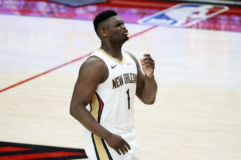 Zion Williamson #1 of the New Orleans Pelicans in action against the Portland Trail Blazers during the first quarter at Moda Center on March 18, 2021 in Portland, Oregon.