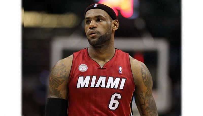 LeBron James in Miami Heat standard red jerseys