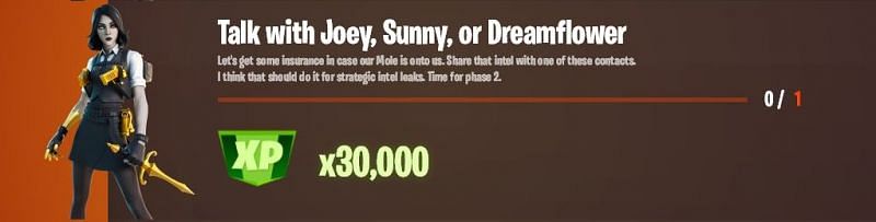 &quot;Talk with Joey, Sunny, or Dreamflower&quot; Fortnite week 13 Legendary challenge (Image via Lazyleaks_)