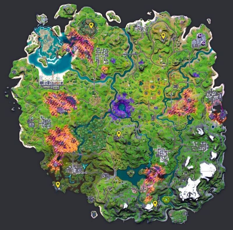 Fortnite Jump Pad locations in Season 8 marked in yellow (Image via Epic Games)