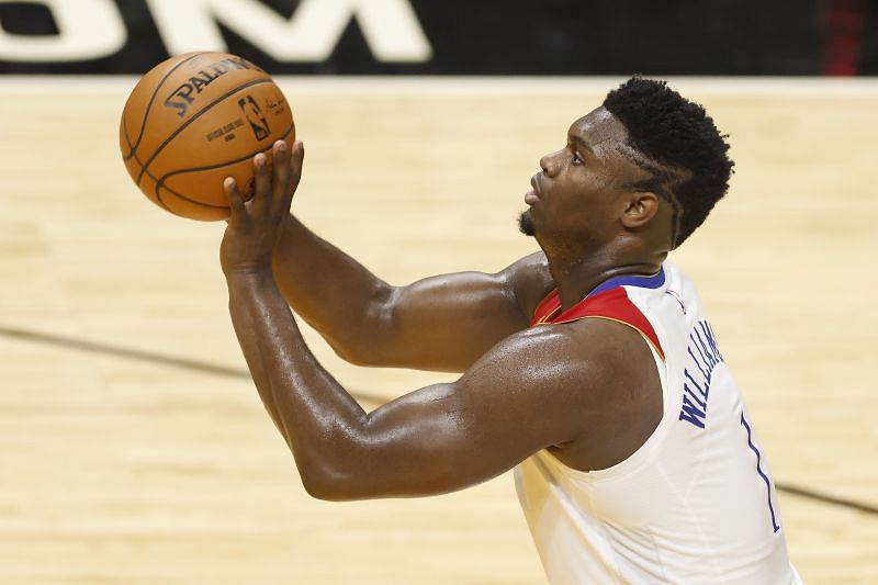 Zion Williamson #1 of the New Orleans Pelicans shoots a free throw against the Miami Heat during the second quarter at American Airlines Arena on December 25, 2020 in Miami, Florida.