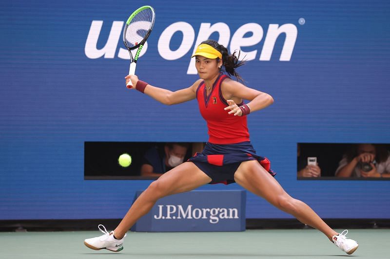 Emma Raducanu hitting a shot in her match against Belinda Bencic