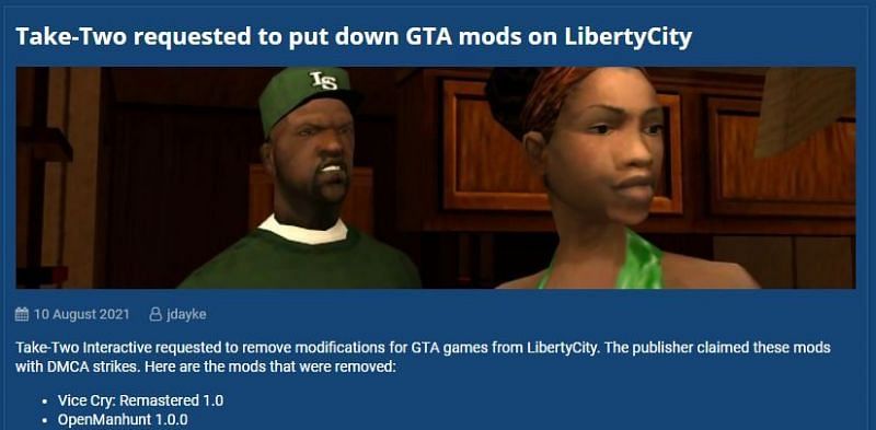 Take-Two interactive sends take-down notice to LibertyCity.net (Image via LibertyCity.net)