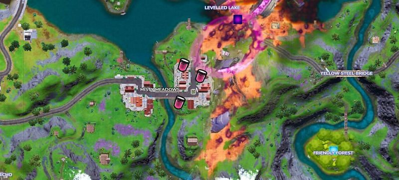 Fortnite Y-Labs Magenta bottles are located at Misty Meadows (Image via Fortnite.gg)