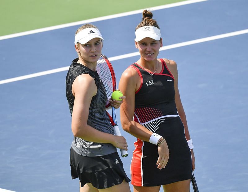 Elena Rybakina (L) &amp; Veronika Kudermetova during their doubles match in Montr&eacute;al earlier this year