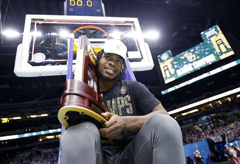 Baylor&#039;s Davion Mitchell celebrates after winning the National Championship