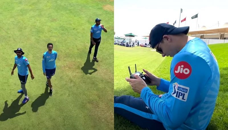 Delhi Capitals players watch as Steve Smith (right) operates a drone. Pic: Delhi Capitals