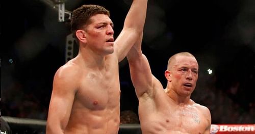 Nick Diaz(L) and Georges St-Pierre(R) after their fight at UFC 158