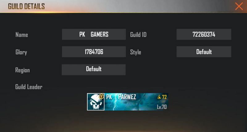 The PK Gamers guild ID is 72260374 (Image via Free Fire)