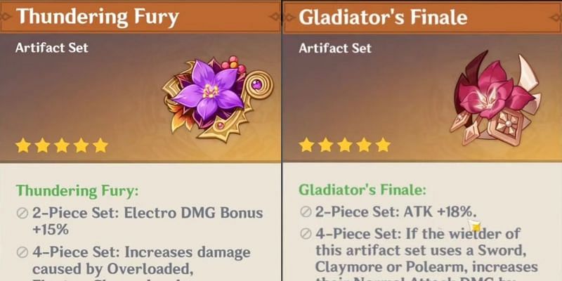 Thundering Fury and Gladiator&#039;s Finale artifacts (Image via Genshin Impact)