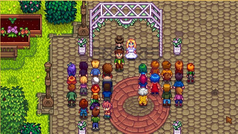 Proposal results in a wedding ceremony for the whole town (Image via Stardew Valley)