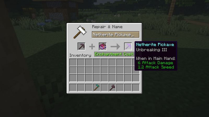 Applying Unbreaking III on a Netherite pickaxe (Image via Minecraft)