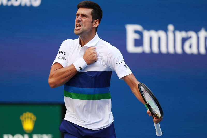 Novak Djokovic celebrates after beating Kei Nishikori at the 2021 US Open