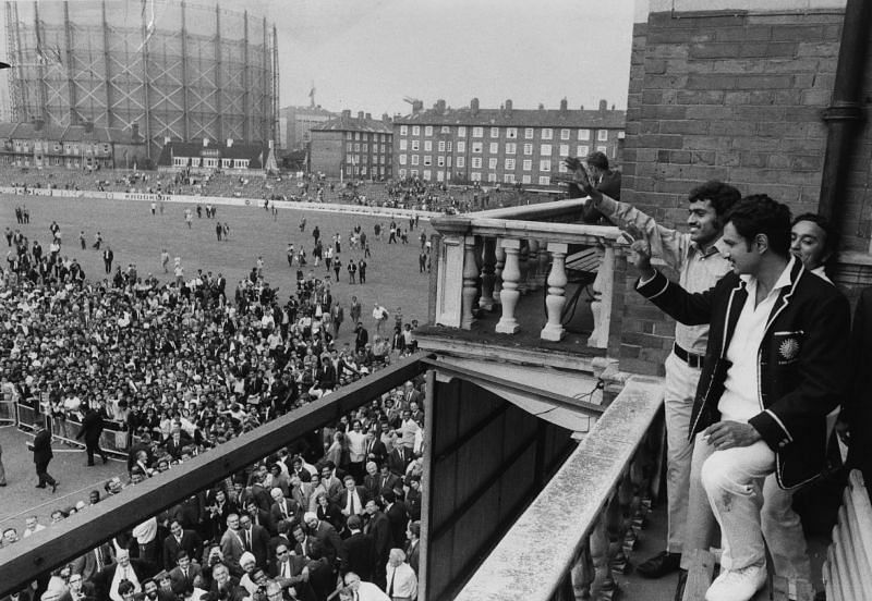 Indian captain Ajit Wadekar and Bhagwath Chandrasekhar wave to cheering crowds at the Oval after the team&#039;s historic win at the venue in 1971.