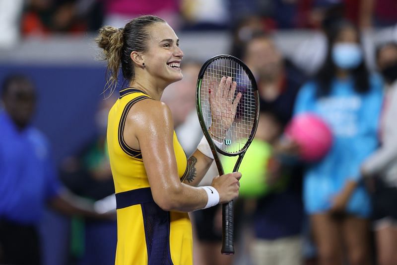 Aryna Sabalenka celebrates her fourth-round win at the 2021 US Open