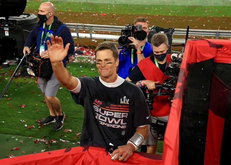 Tom Brady #12 of the Tampa Bay Buccaneers signals after winning Super Bowl LV