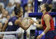 Leylah Fernandez and Aryna Sabalenka at the ent after their semi-final match