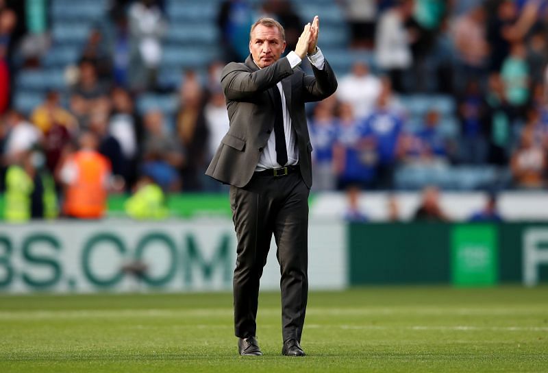 Leicester City manager Brendan Rodgers appreciating the home support.
