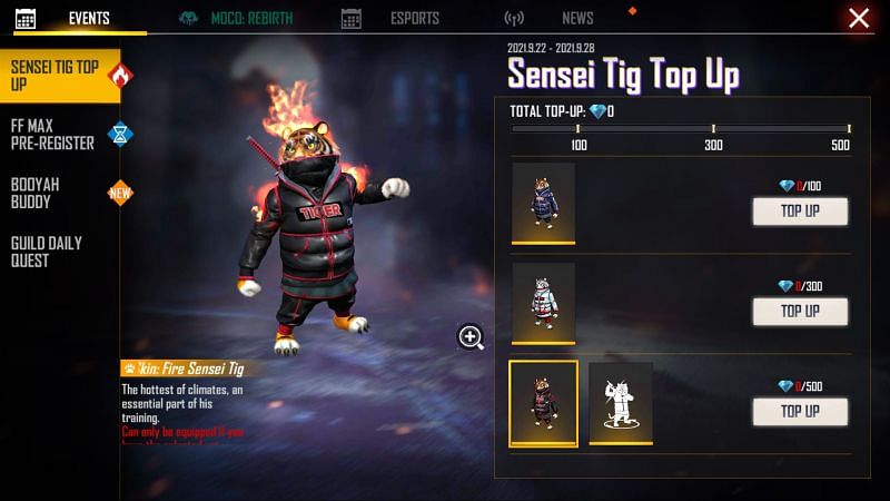 top up event price of sensei tiger in free fire