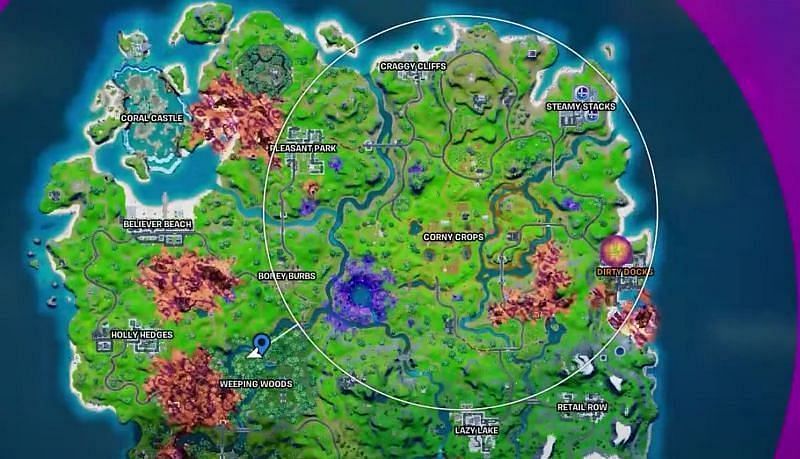 Location of mushrooms on Fortnite Chapter 2 Season 8 map (Image via Fortnite)