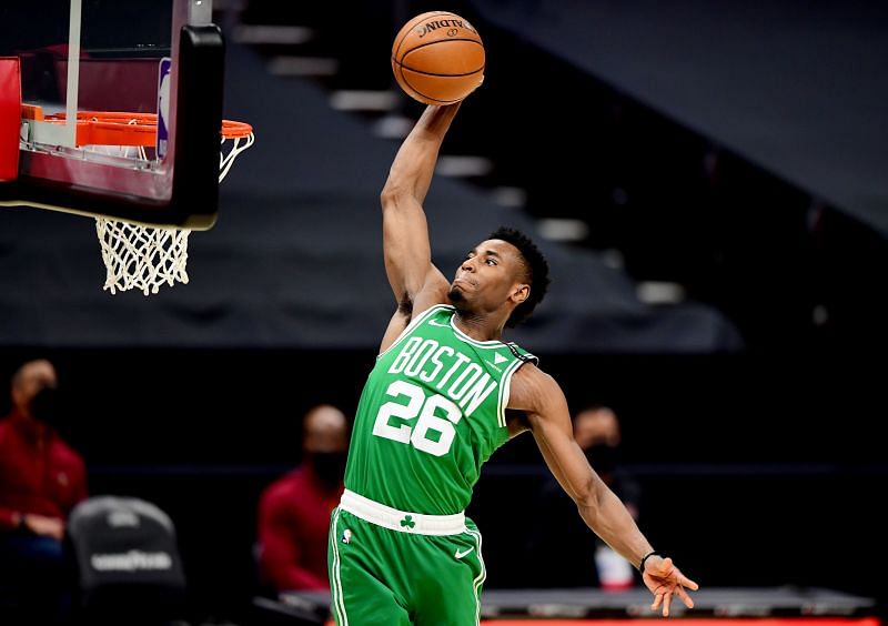 Aaron Nesmith goes for a dunk in one of the Boston Celtics&#039; games