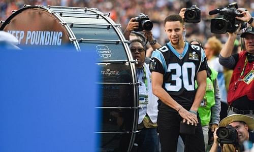 Stephen Curry got to pound the drum before Super Bowl 50. (Photo credits: ftw.usatoday.com)