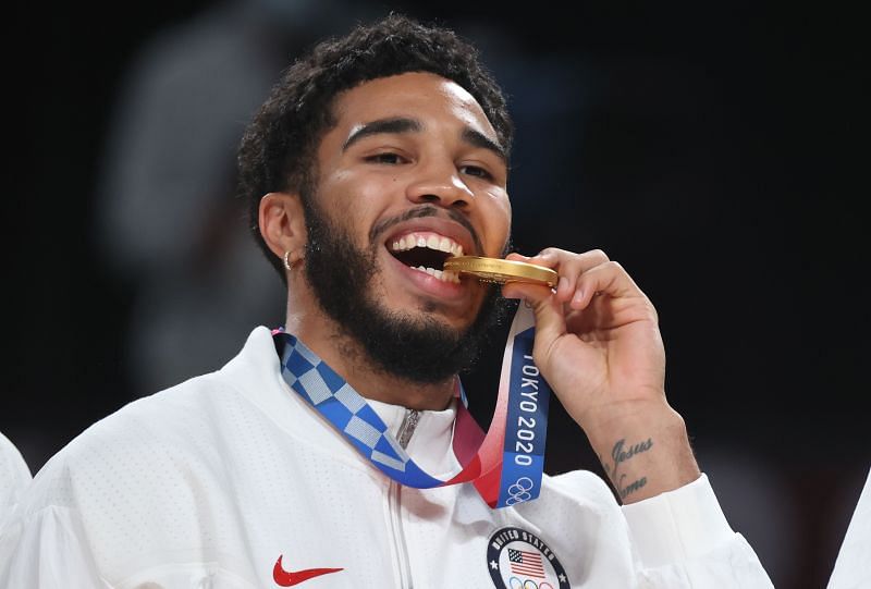 Jayson Tatum with his gold medal at the 2021 Tokyo Olympics