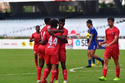 Muhammed Nemil celebrates a goal for FC Goa against Sudeva Delhi FC in the Durand Cup 2021