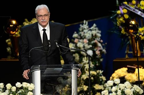 Phil Jackson, former Los Angeles Lakers head coach, speaks during a memorial service for Los Angeles Lakers owner Dr. Jerry Buss at the Nokia Theatre L.A. Live on February 21, 2013 in Los Angeles, California. Dr. Buss died at the age of 80 on Monday following an 18-month battle with cancer. Buss won 10 NBA championships as Lakers owner since purchasing the team in 1979