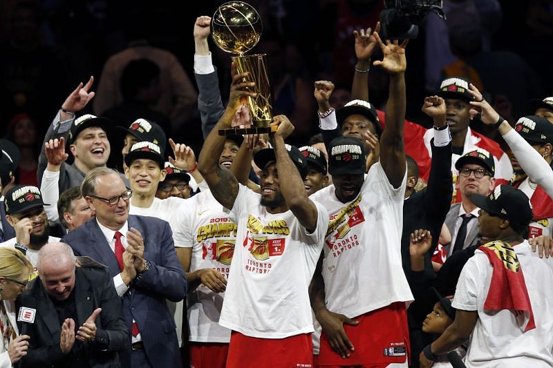 Kawhi Leonard leading the championship celebration after beating the Warriors in the 2019 NBA Finals.