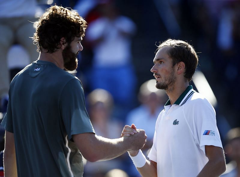 Reilly Opelka (L) &amp; Daniil Medvedev shakes hands after the Toronto Masters final