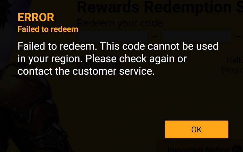 Error for using code in the wrong server (Image via Free Fire)