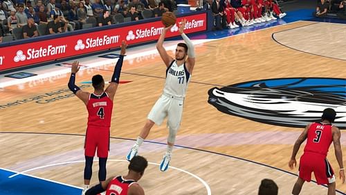 Luka Doncic takes a shot in NBA 2K22.