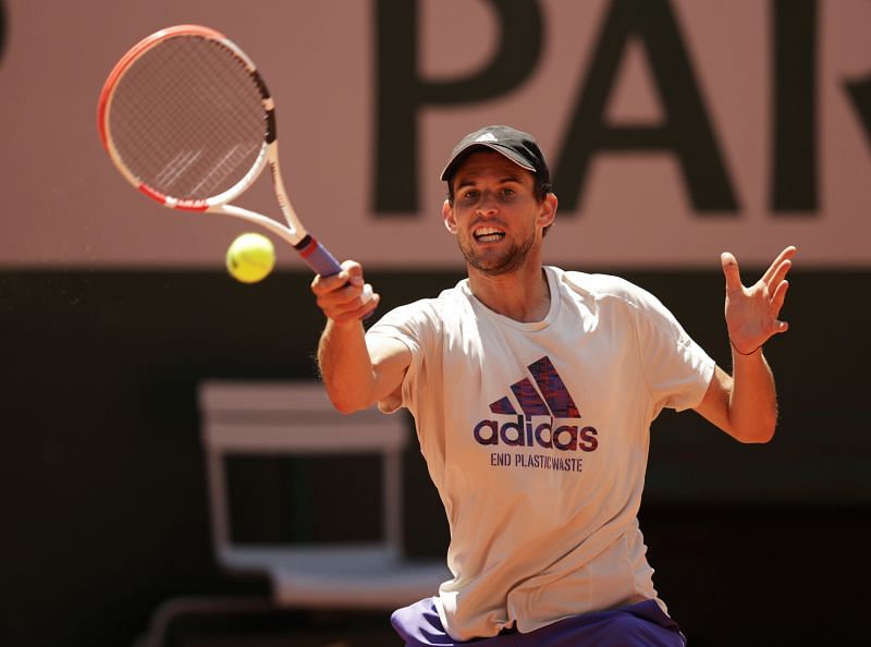 Dominic Thiem hits a forehand during a practice session