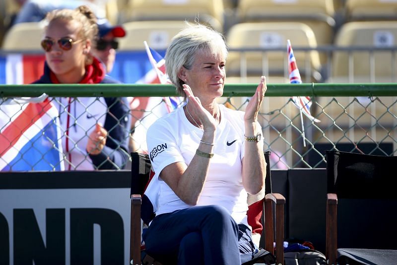 Judy Murray cheering on the Great Britain side at a Billie Jean King Cup tie.