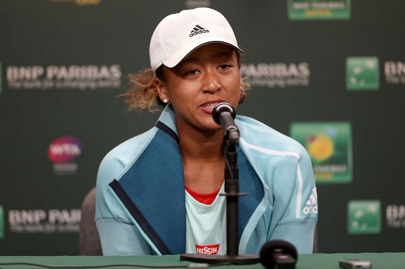 Naomi Osaka talking to the media at a press conference during the BNP Paribas Open at Indian Wells in 2019