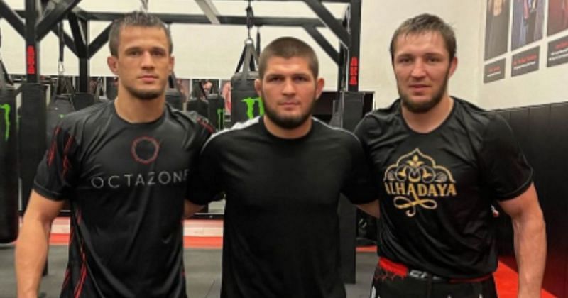 Saygid Izagakhmaev (right) with Khabib (center) and Usman Nurmagomedov (left) at the AKA Gym [Photo Credit: @saygid_izagakhmaev on Instagram]