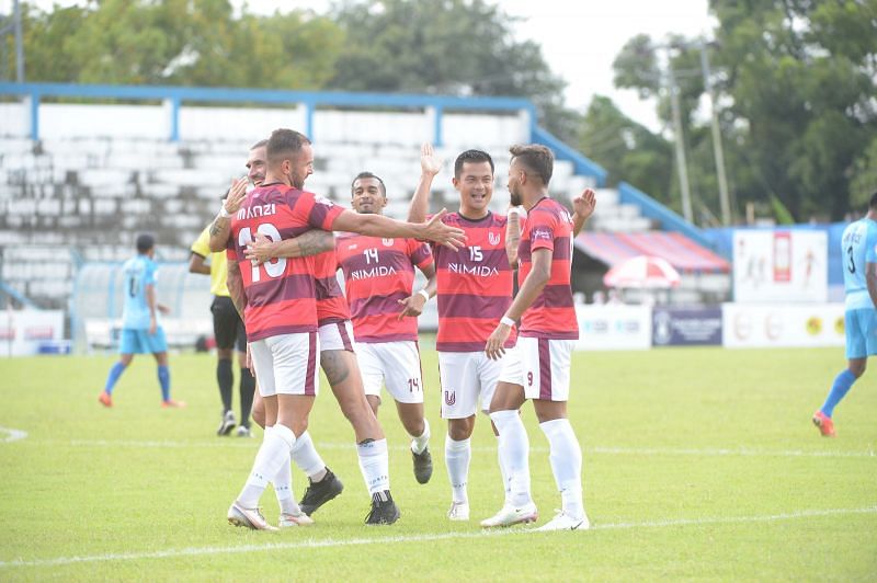 FC Bengaluru United celebrate after scoring a goal against Air Force