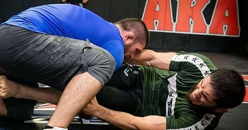 Khabib Nurmagomedov and Islam Makhachev during a grappling session at AKA