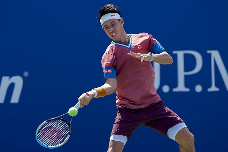 Kei Nishikori in action against Salvatore Caruso in the first round of the 2021 US Open