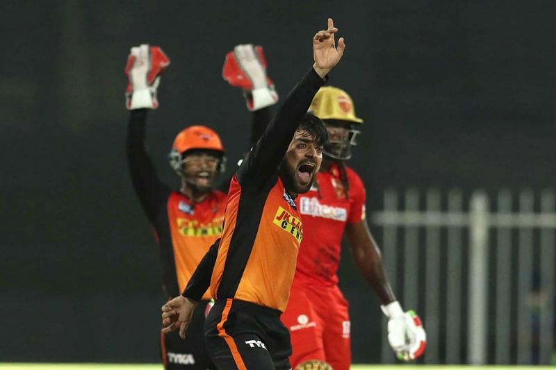 Rashid Khan appeals for Chris Gayle&#039;s wicket. Pic: IPLT20.COM