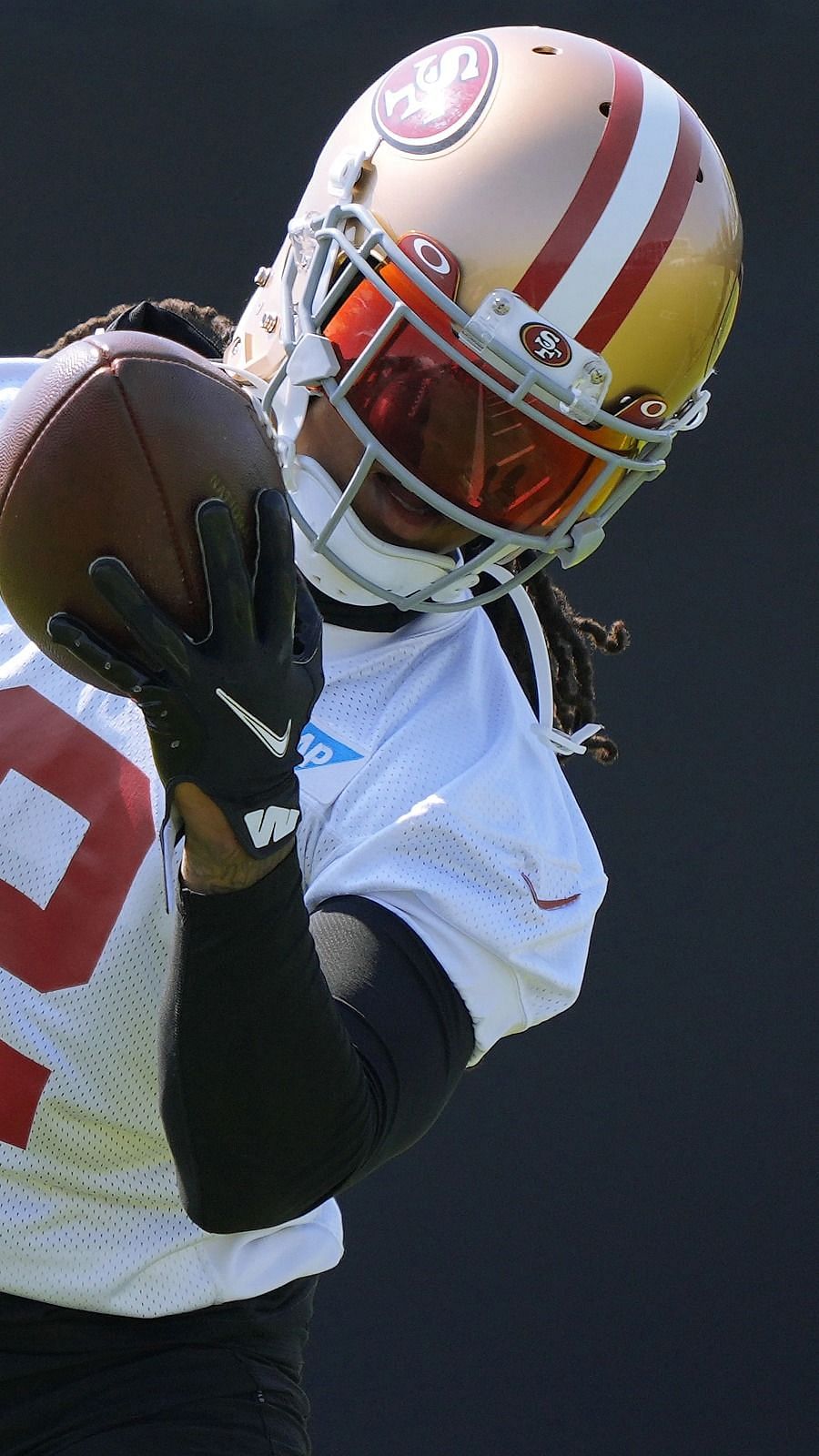 Jason Verrett of the San Francisco 49ers works out during training