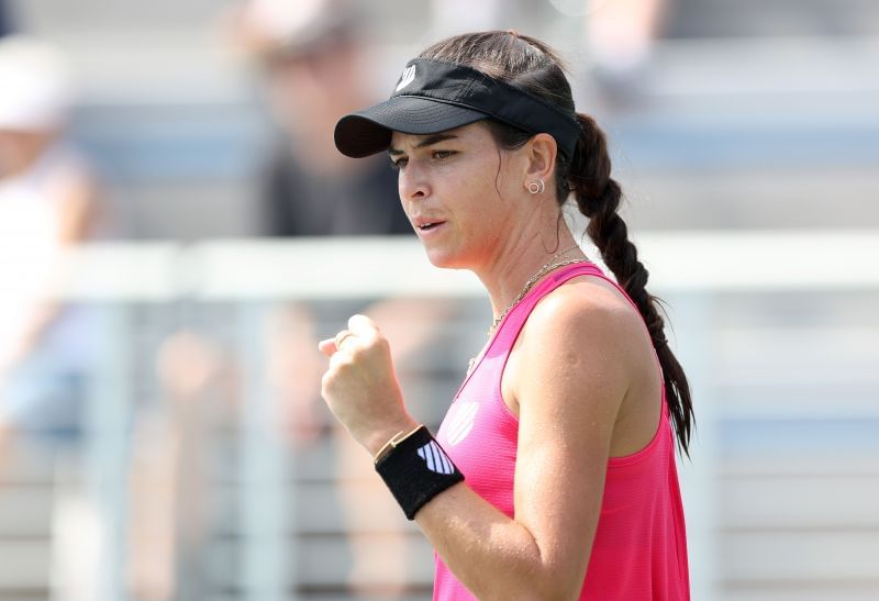 Ajla Tomljanovic celebrates a point at the 2021 US Open