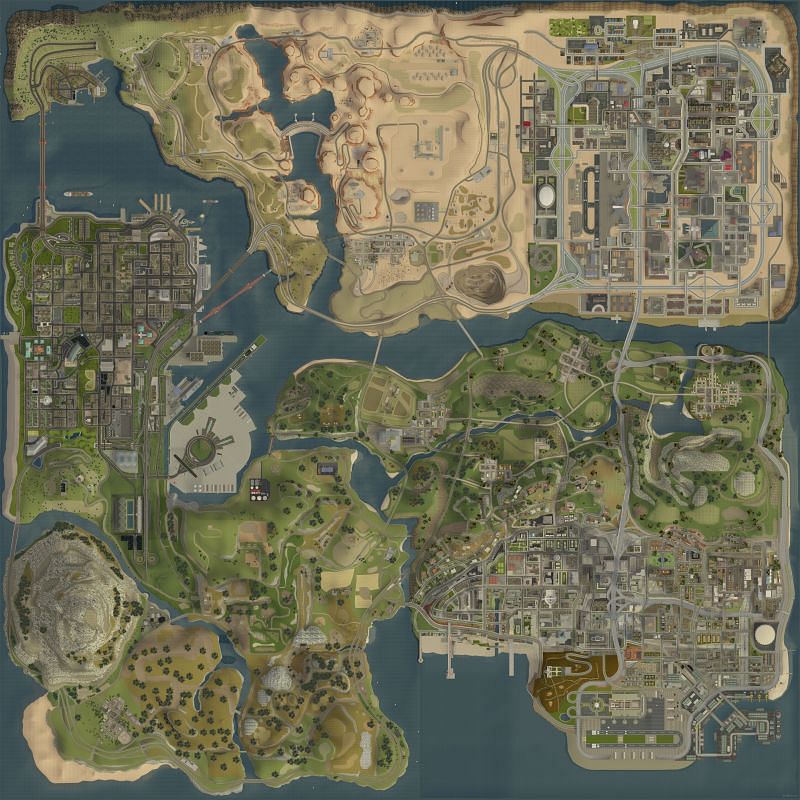 GTA San Andreas had three major islands, while GTA 5 only has one (Image via Rockstar Games)