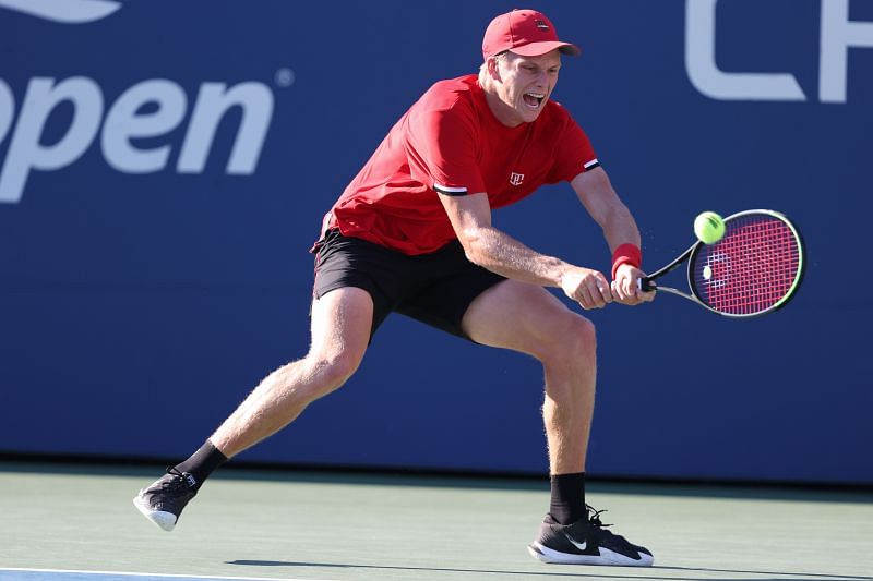 Jenson Brooksby during his match against Aslan Karatsev